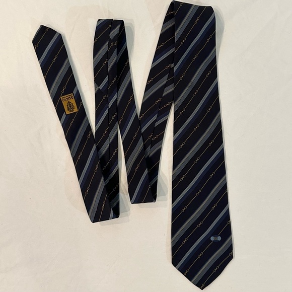 Gucci Men’s Neck Tie Navy Blue Diagonal Line 100% Silk gold chain print - Picture 1 of 8